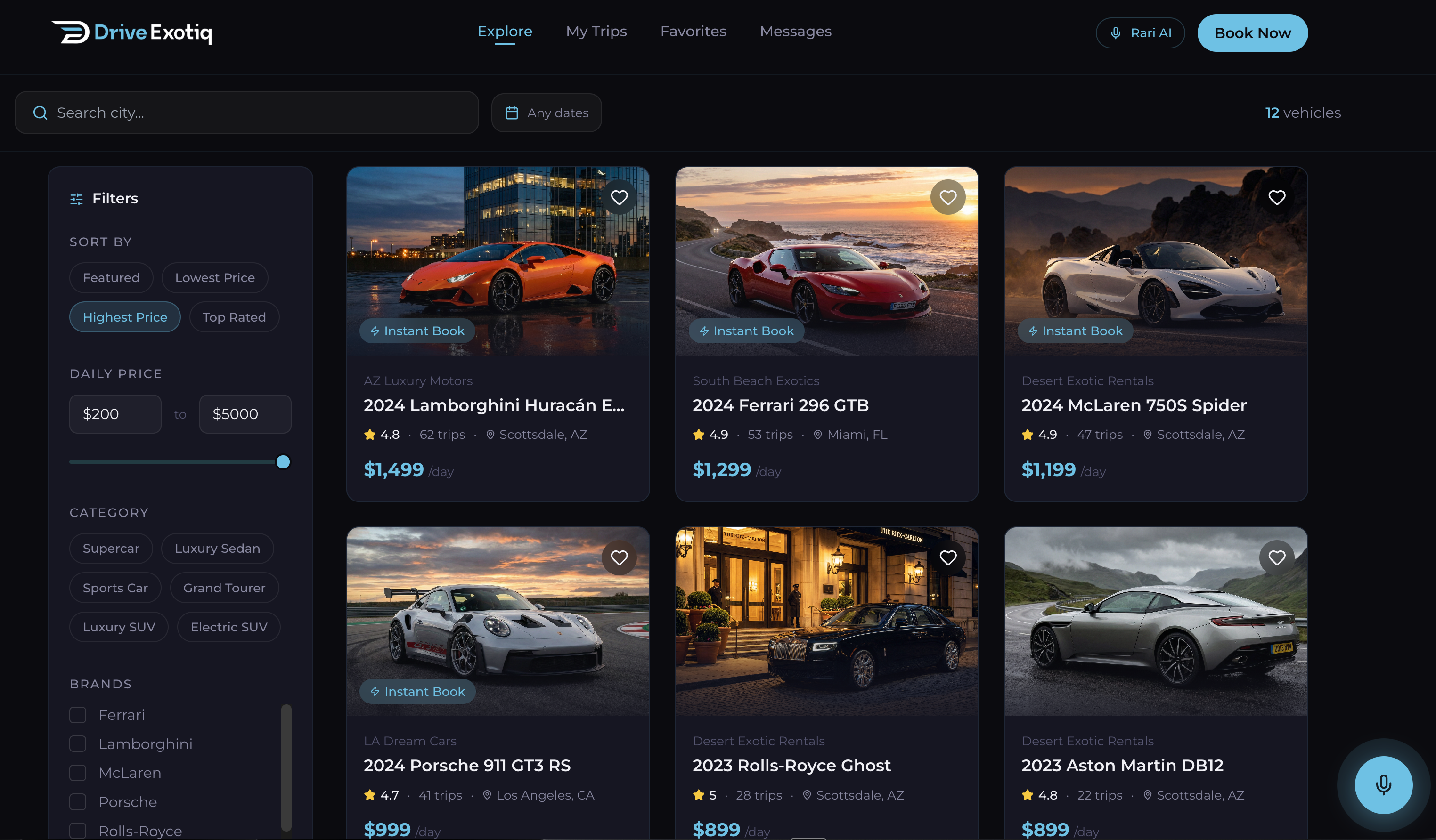 A preview of the exotiq.rent marketplace, the exotic-car rental grid
